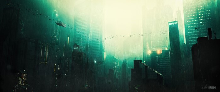 4K futuristic cityscape in the rain
