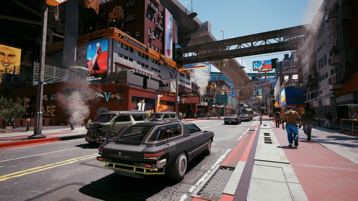 Cyberpunk 2077 street scene with cars and buildings