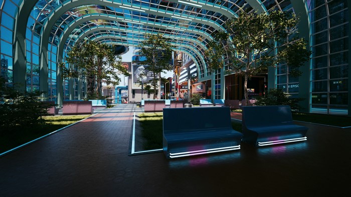 Cyberpunk 2077 futuristic plaza with trees and benches
