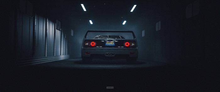 Ferrari F40 with CROWNED license plate in tunnel