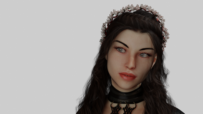 CGI woman with dark hair and a flower crown