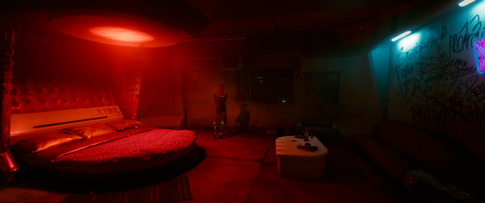 Cyberpunk 2077 screenshot of a bedroom with graffiti
