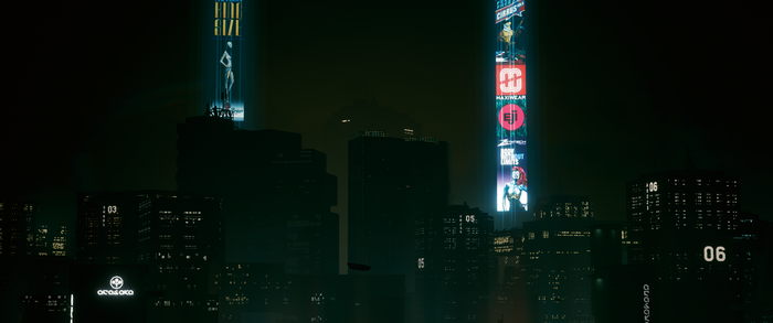 Cyberpunk 2077 cityscape with neon billboards