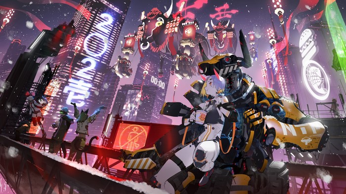 Cyberpunk anime girls and mechs celebrate New Year