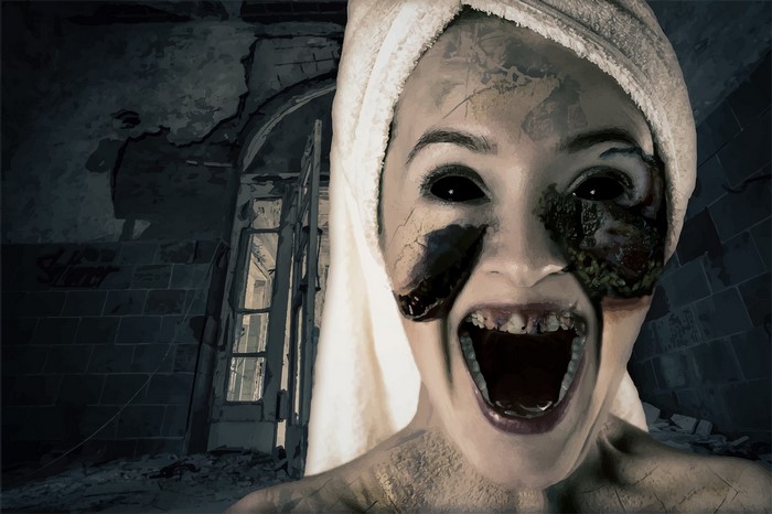 Horror character with black eyes and decaying face