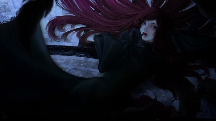 Fantasy girl with long red hair in black dress