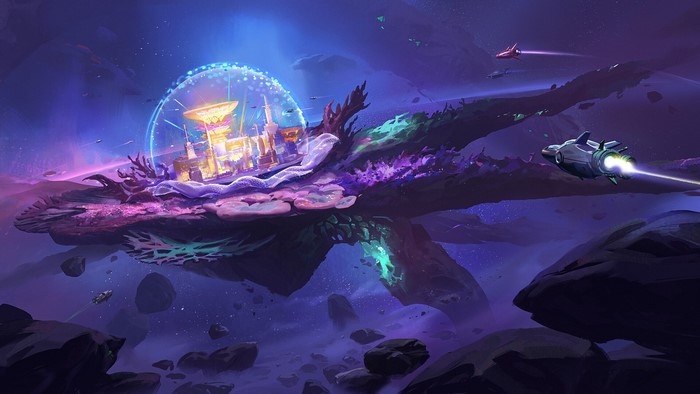 Floating city under a dome with spaceships in space
