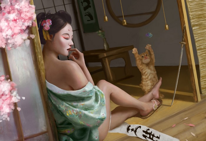 Geisha with cat and katana by Wang Jia