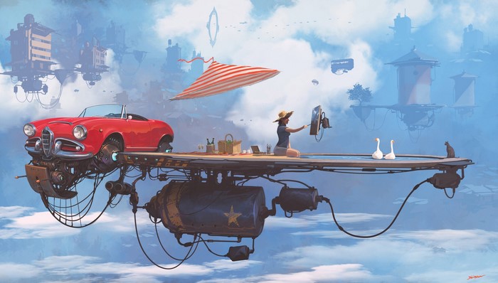 Floating City Picnic with Red Convertible