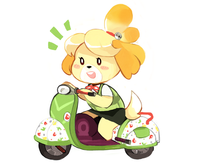 Isabelle from Animal Crossing riding a scooter