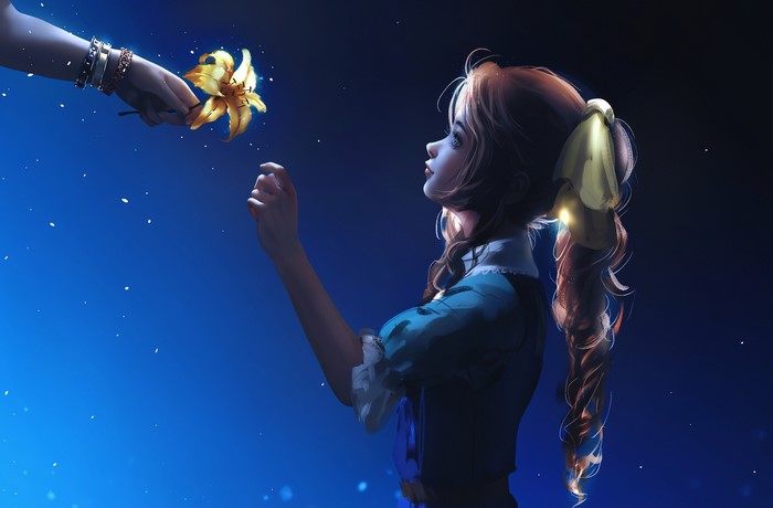 Aerith Gainsborough from Final Fantasy offering a flower