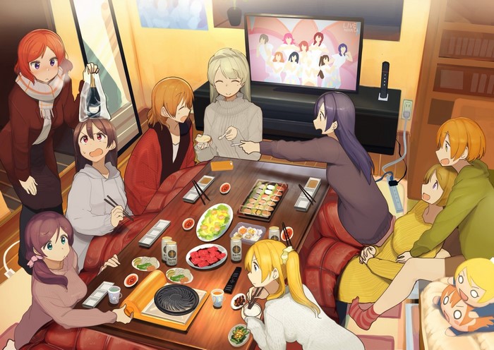 Love Live! girls enjoying a meal and watching TV