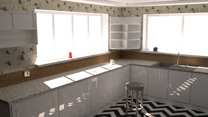 Modern kitchen interior with large windows and cabinets