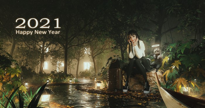 2021 Happy New Year with a girl and cat