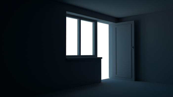 Dark room with open door and window