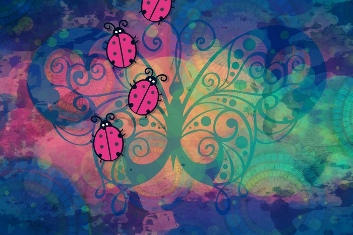 Four pink ladybugs on a colorful abstract butterfly background