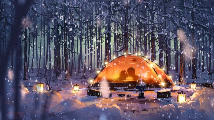 Couple in tent in snowy forest at night