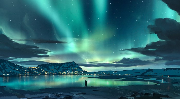 Aurora Borealis over a lake with a lone figure