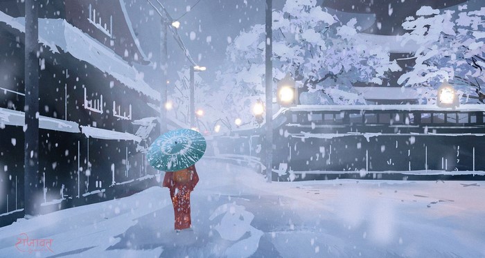 Woman in Kimono with Umbrella in Snow