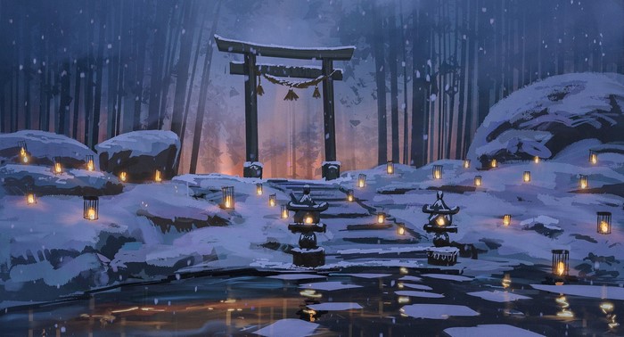 Winter forest with torii gate and lanterns