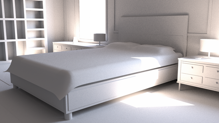 3D render of a white bedroom with a bed and bookshelf