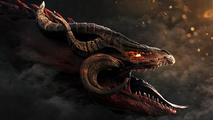 Close-up of a red dragon with glowing eyes and horns