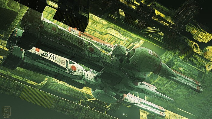 Spaceship docked in a futuristic industrial complex
