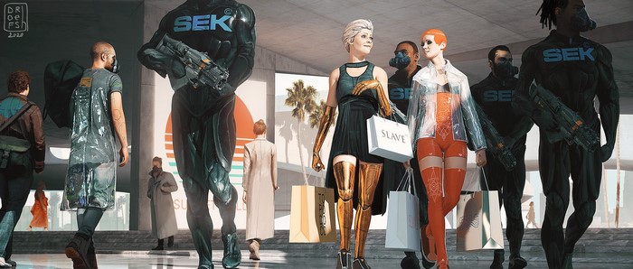 Futuristic shoppers with armed guards
