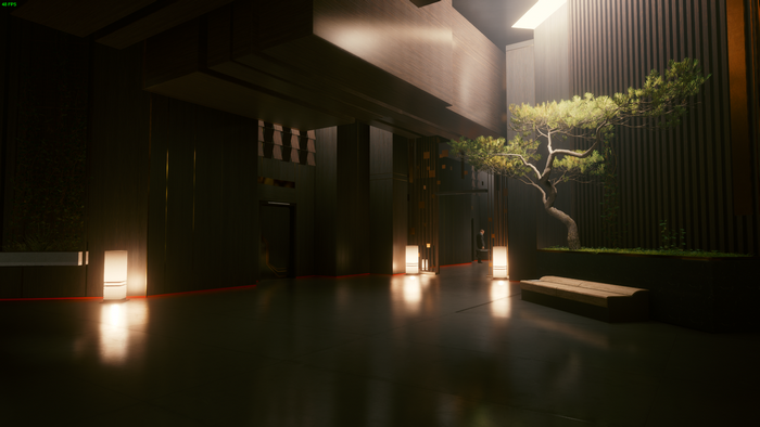 Cyberpunk 2077 lobby with bonsai tree