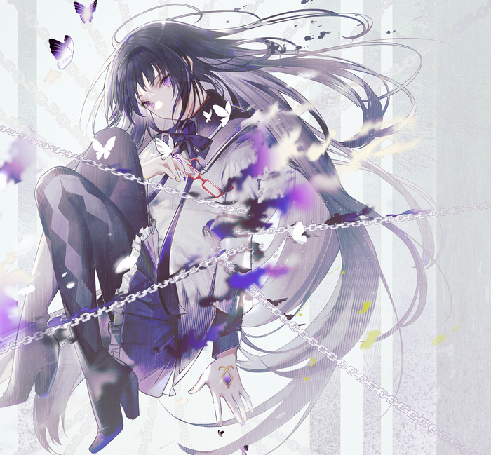 Akemi Homura from Mahou Shoujo Madoka Magica with butterflies and chains