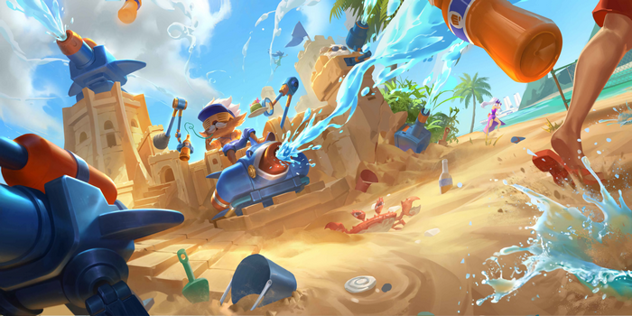 Heimerdinger on a beach with water guns