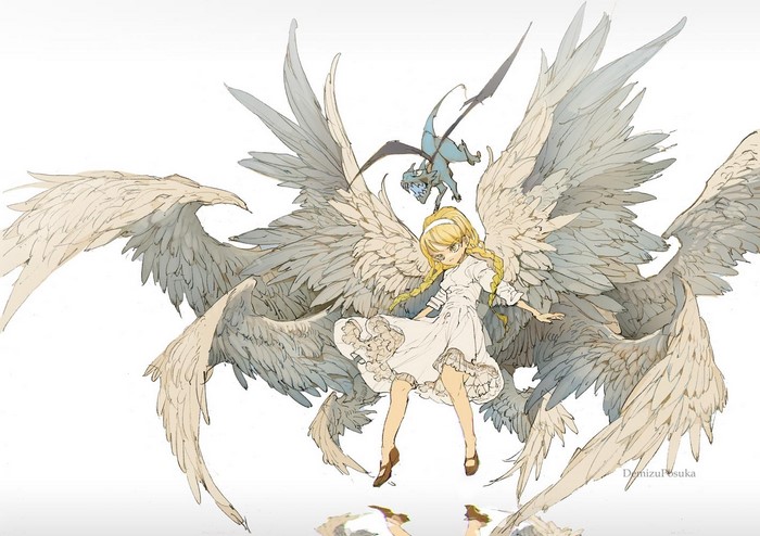 Anime Girl with Large Angelic Wings by Demizu Posuka