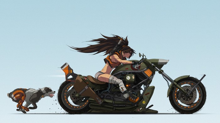 Woman riding a motorcycle with a dog running alongside