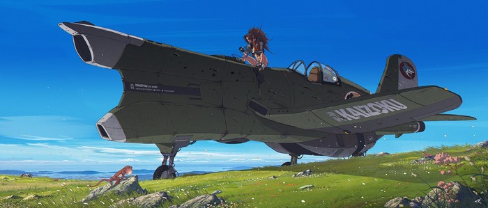 Woman sitting on a science fiction aircraft in a grassy field