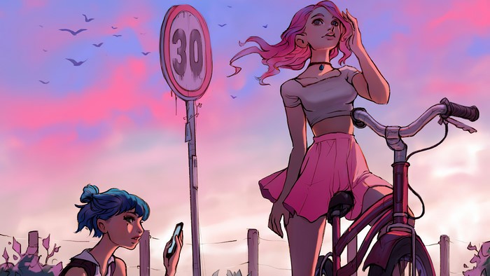 Two girls with a bicycle and a speed limit sign at sunset
