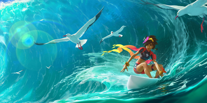 Taliyah surfing a giant wave