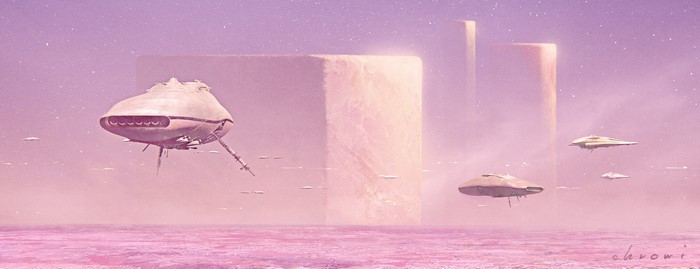 Science fiction artwork of alien vehicles and structures
