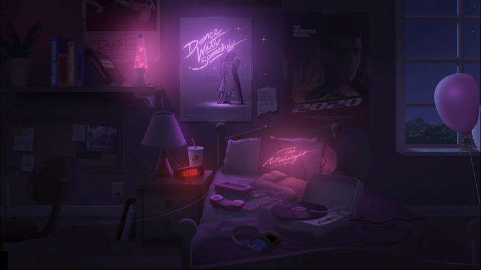 Bedroom with posters, record player, and lava lamp