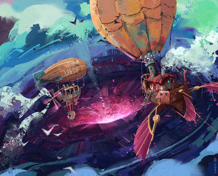 Steampunk airships flying through a colorful, abstract sky