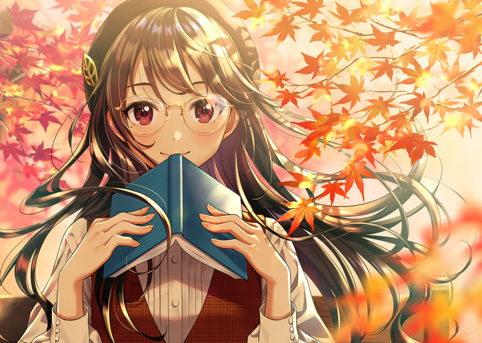 Anime Girl with Glasses Reading a Book in Autumn