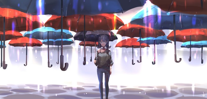 Anime girl with umbrellas in the rain
