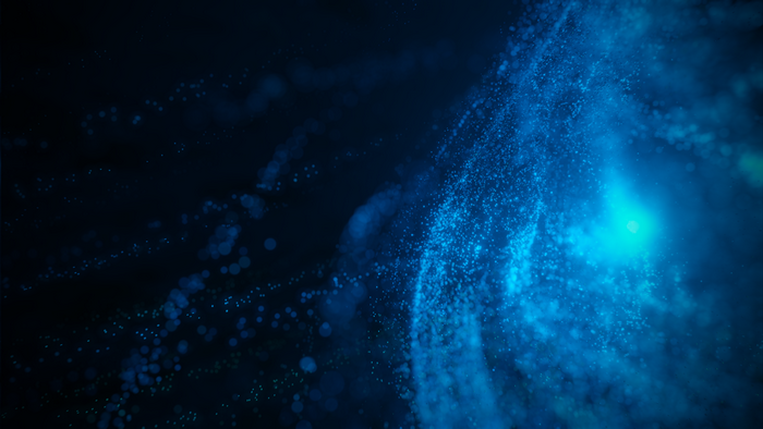 Abstract blue floating particles in dark space