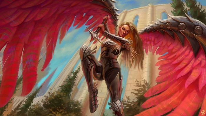 Woman with red wings and fantasy armor holding a spear