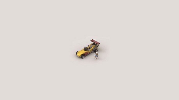 Yellow LEGO race car with a minifigure