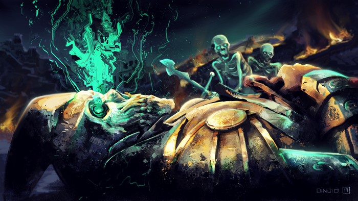 Skeletons and glowing energy over a fallen figure