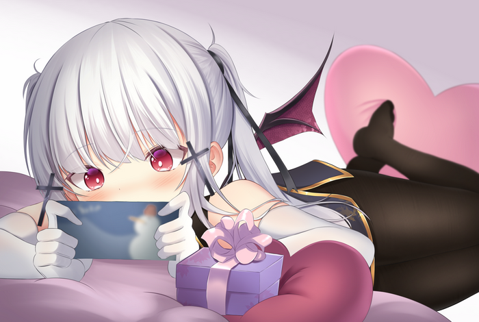 Anime girl with silver hair and red eyes holding a phone