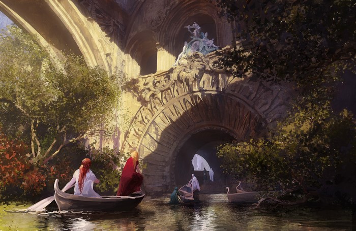 Fantasy art painting of people in boats under a stone bridge