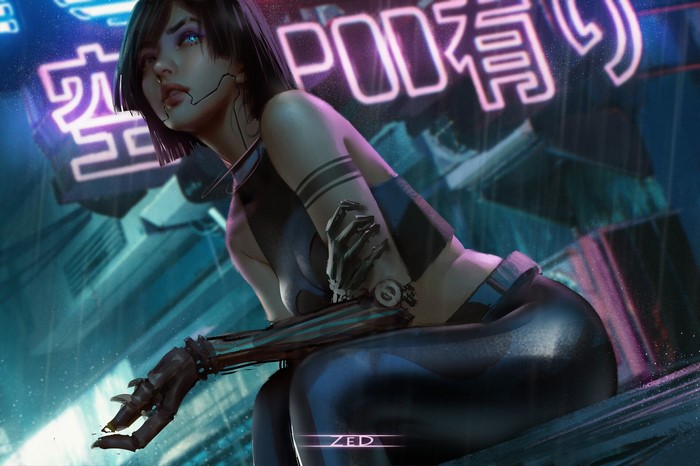 Cyberpunk woman with prosthetic arm in neon rain
