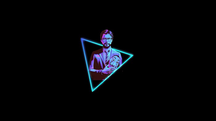 El Profesor with Dali mask in neon triangle