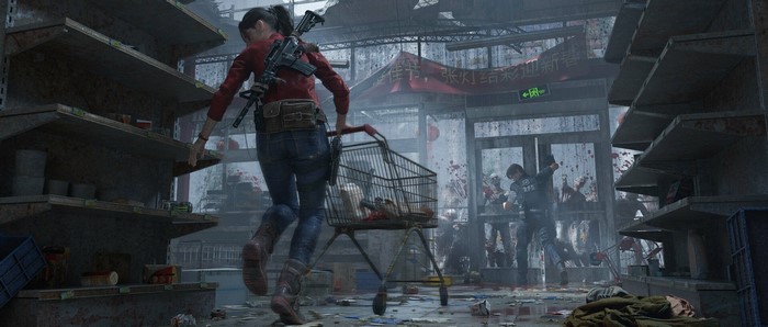 Claire Redfield and Leon S. Kennedy in a zombie-infested supermarket